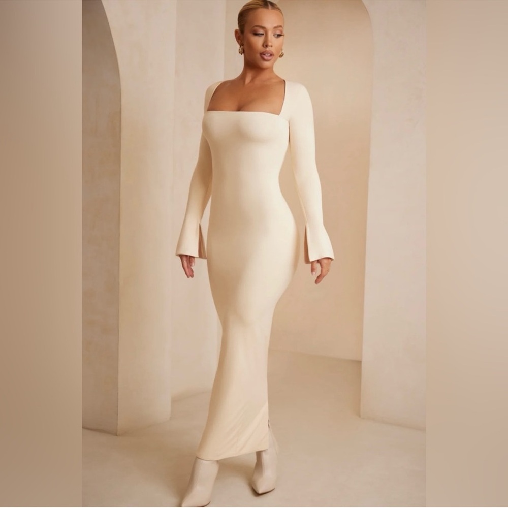 Oh Polly Cream Long Sleeve Maxi Dress with Scoop Neck
